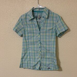 Plaid Short-Sleeve Button-Up Athletic Shirt in Aqua & Yellow & White